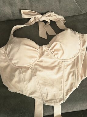Beige Halter Bustier Crop Top - Structured Support